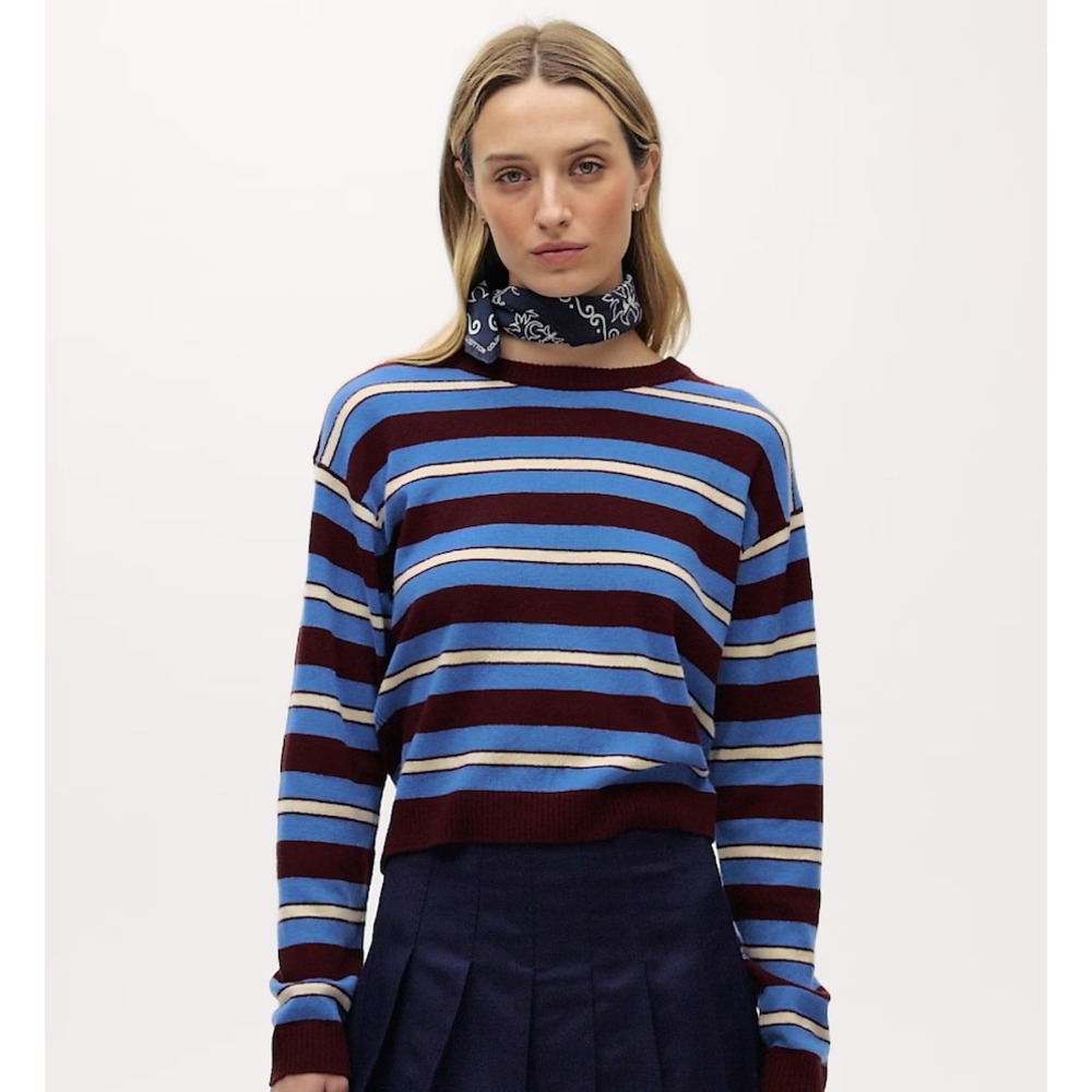 J. Crew Perfect Cashmere Crewneck Sweater Women M Blue Maroon Striped